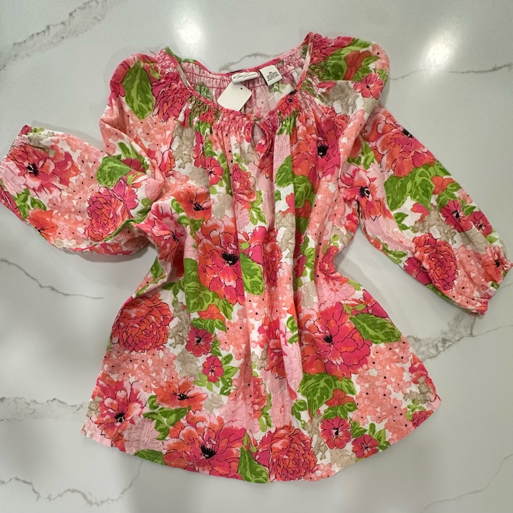 Kim Rogers Pink Floral Smocked Neck Blouse with Green Leaves